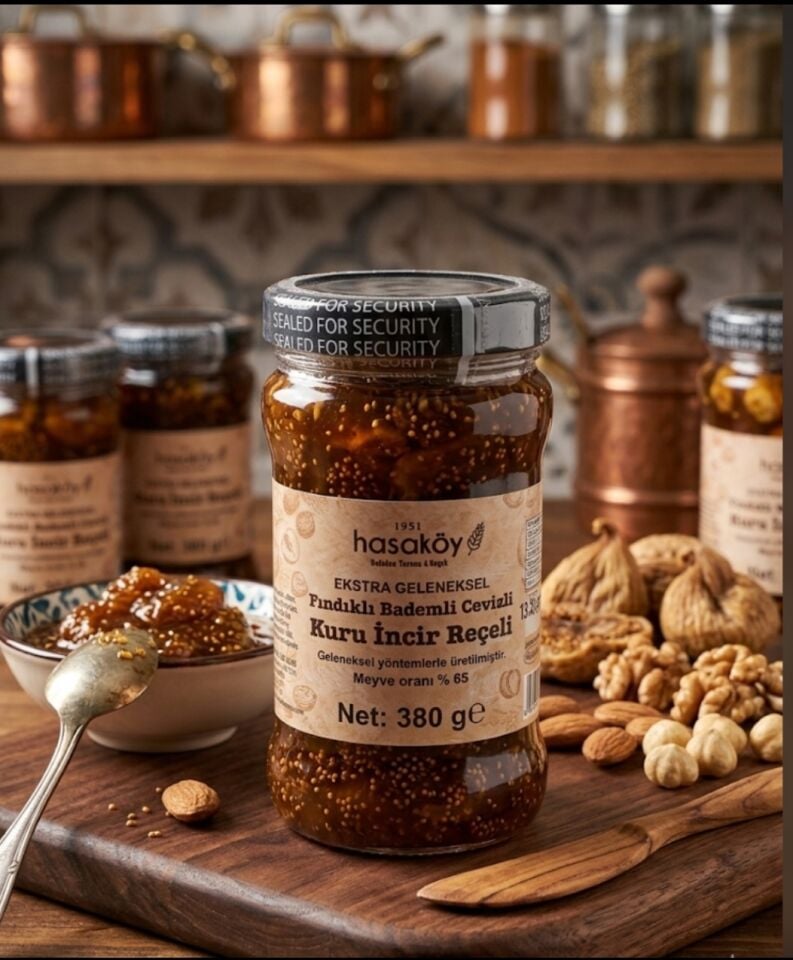 HASAKÖY 380 GR FINDIKLI - BADEMLİ -  CEVİZLİ KURU İNCİR REÇELİ